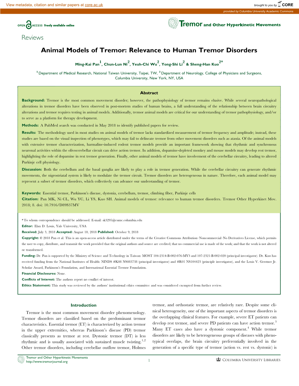 Reviews Animal Models of Tremor: Relevance to Human Tremor Disorders