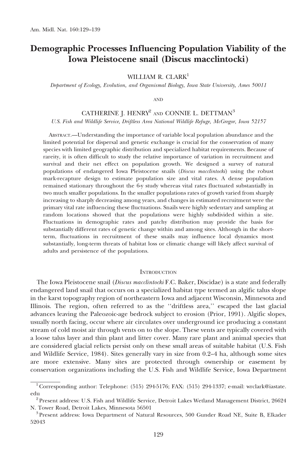 Demographic Processes Influencing Population Viability of the Iowa Pleistocene Snail (Discus Macclintocki)