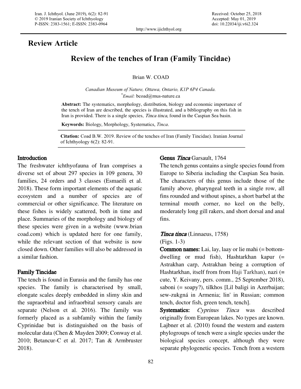 Review Article Review of the Tenches of Iran (Family Tincidae)