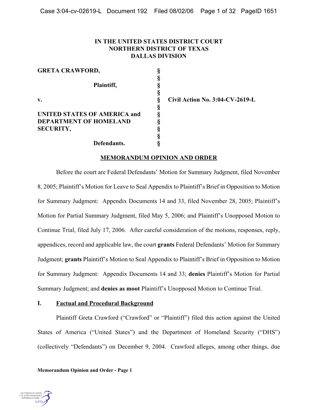 Case 3:04-Cv-02619-L Document 192 Filed 08/02/06 Page 1 of 32 Pageid 1651