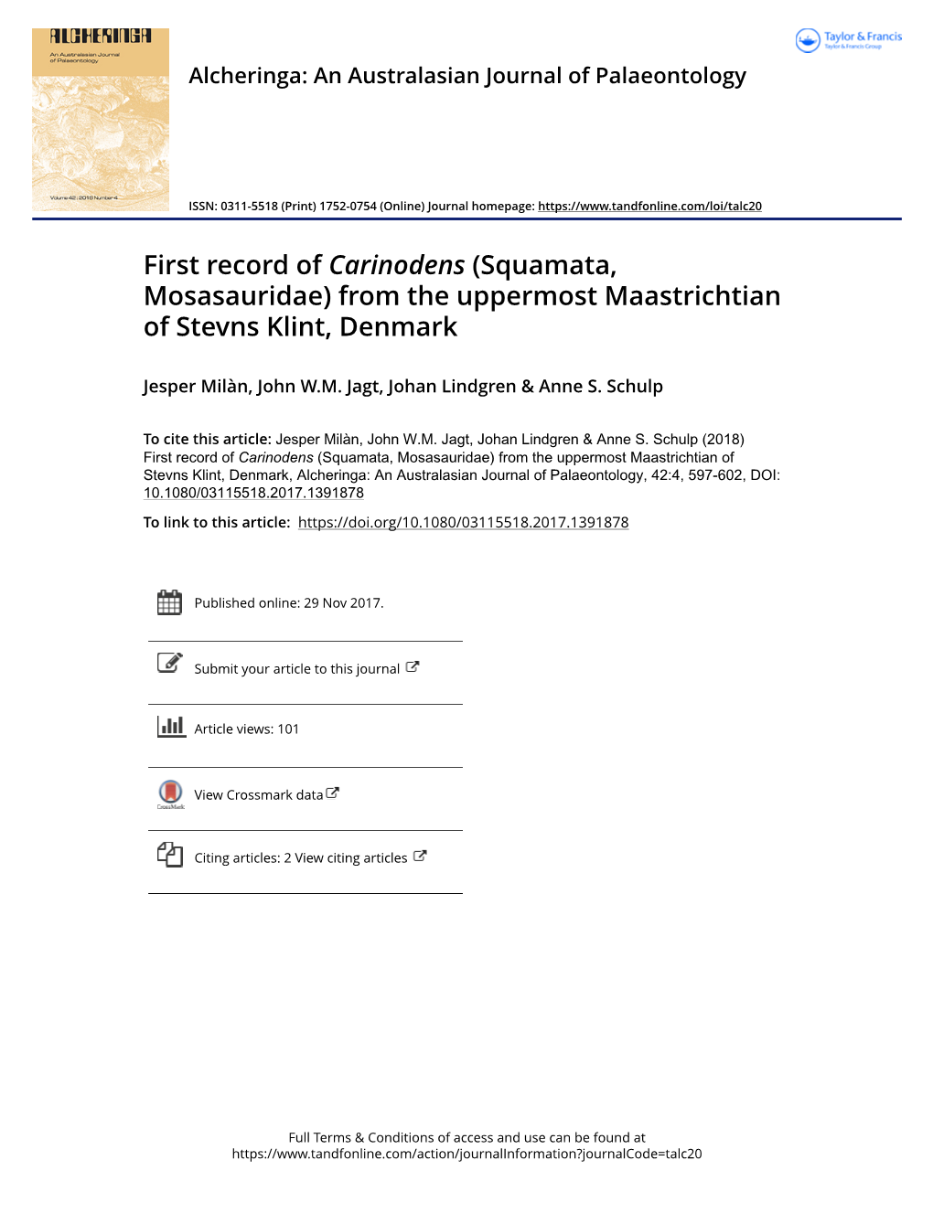 First Record of Carinodens (Squamata, Mosasauridae) from the Uppermost Maastrichtian of Stevns Klint, Denmark