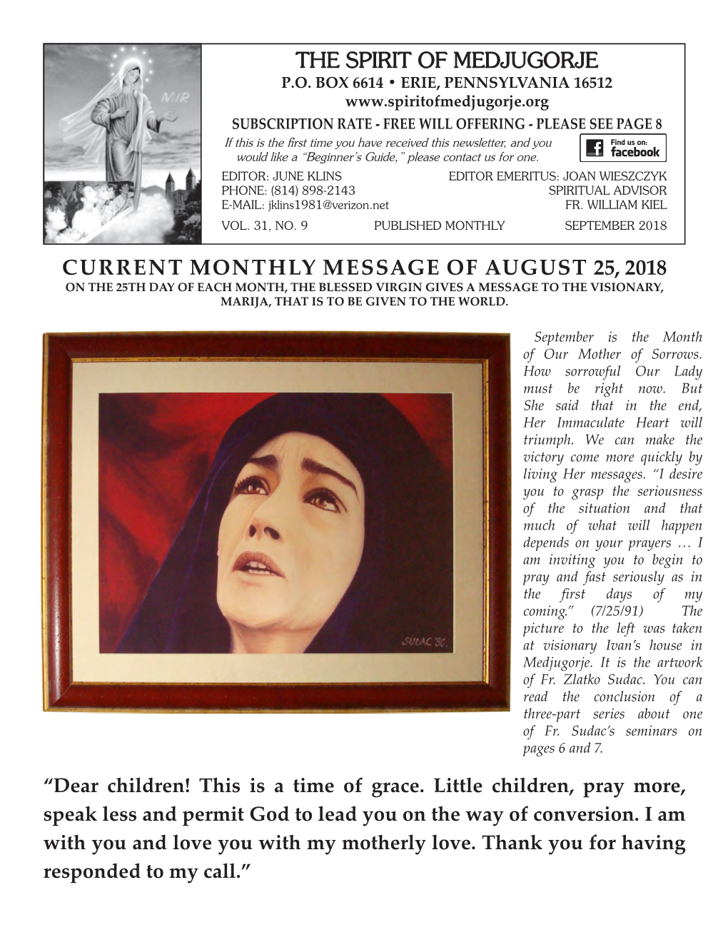 The Spirit of Medjugorje Current Monthly Message of August 25, 2018