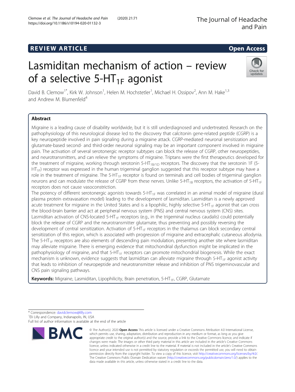 Lasmiditan Mechanism of Action – Review of a Selective 5-HT1F Agonist David B