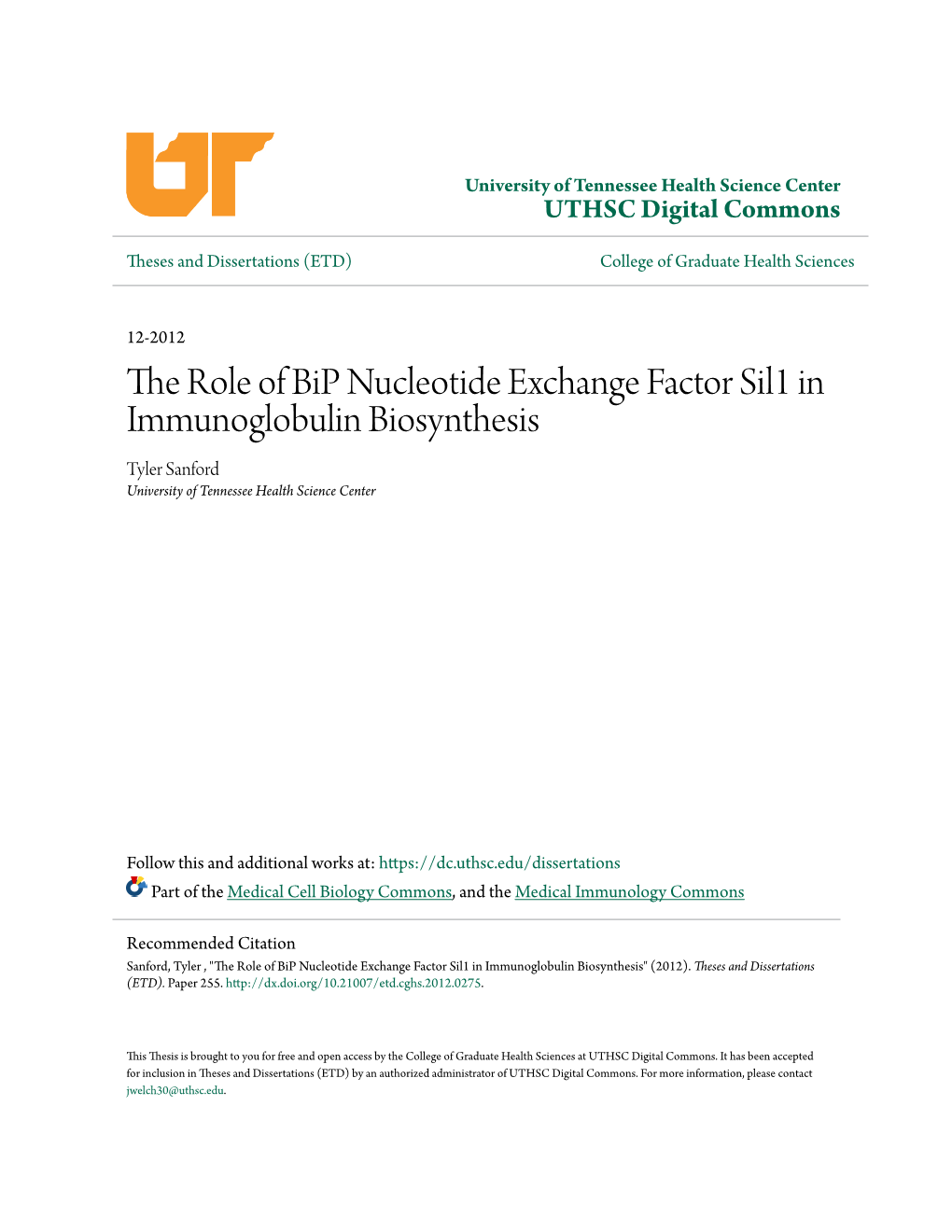 The Role of Bip Nucleotide Exchange Factor Sil1 in Immunoglobulin Biosynthesis Tyler Sanford University of Tennessee Health Science Center
