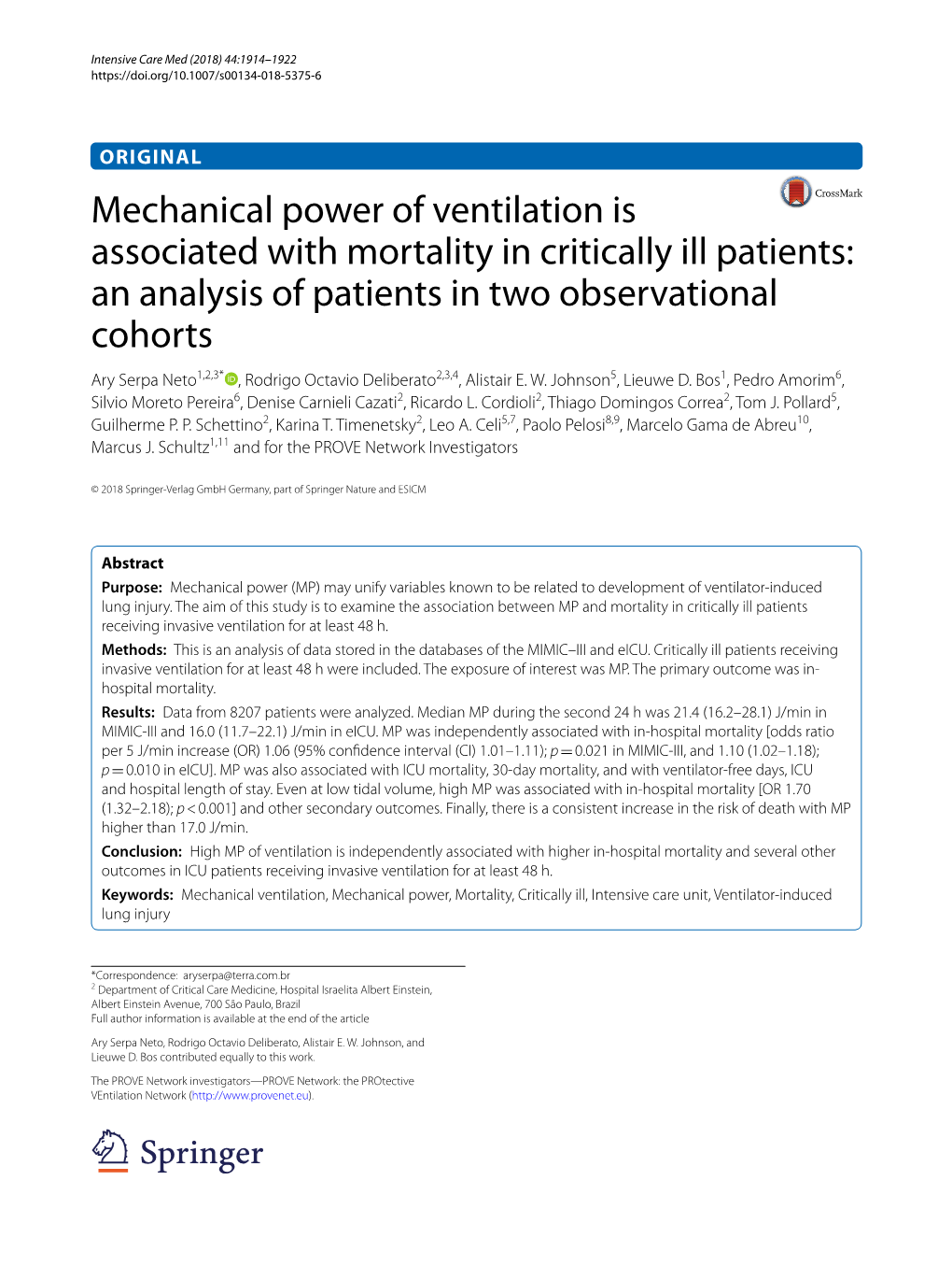 Mechanical Power of Ventilation Is Associated with Mortality in Critically