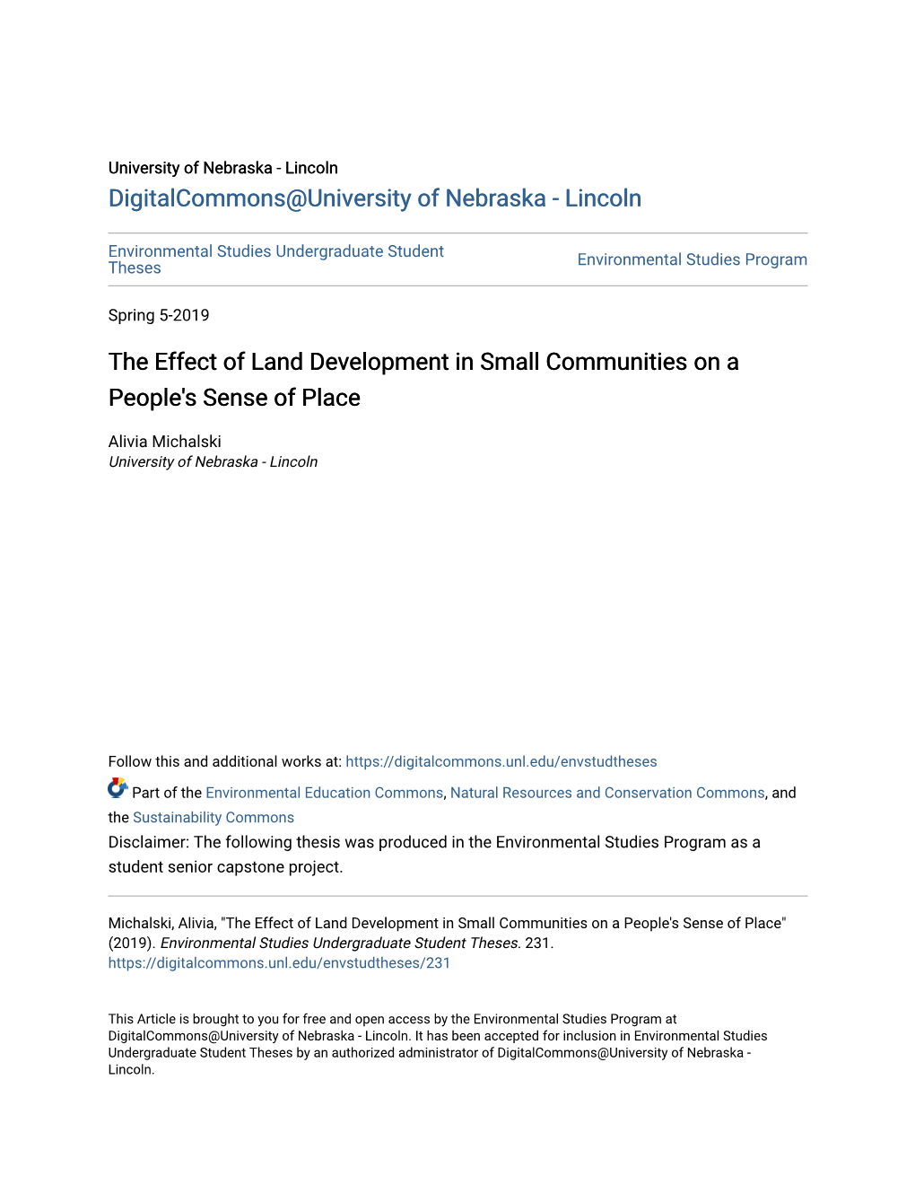 The Effect of Land Development in Small Communities on a People's Sense of Place