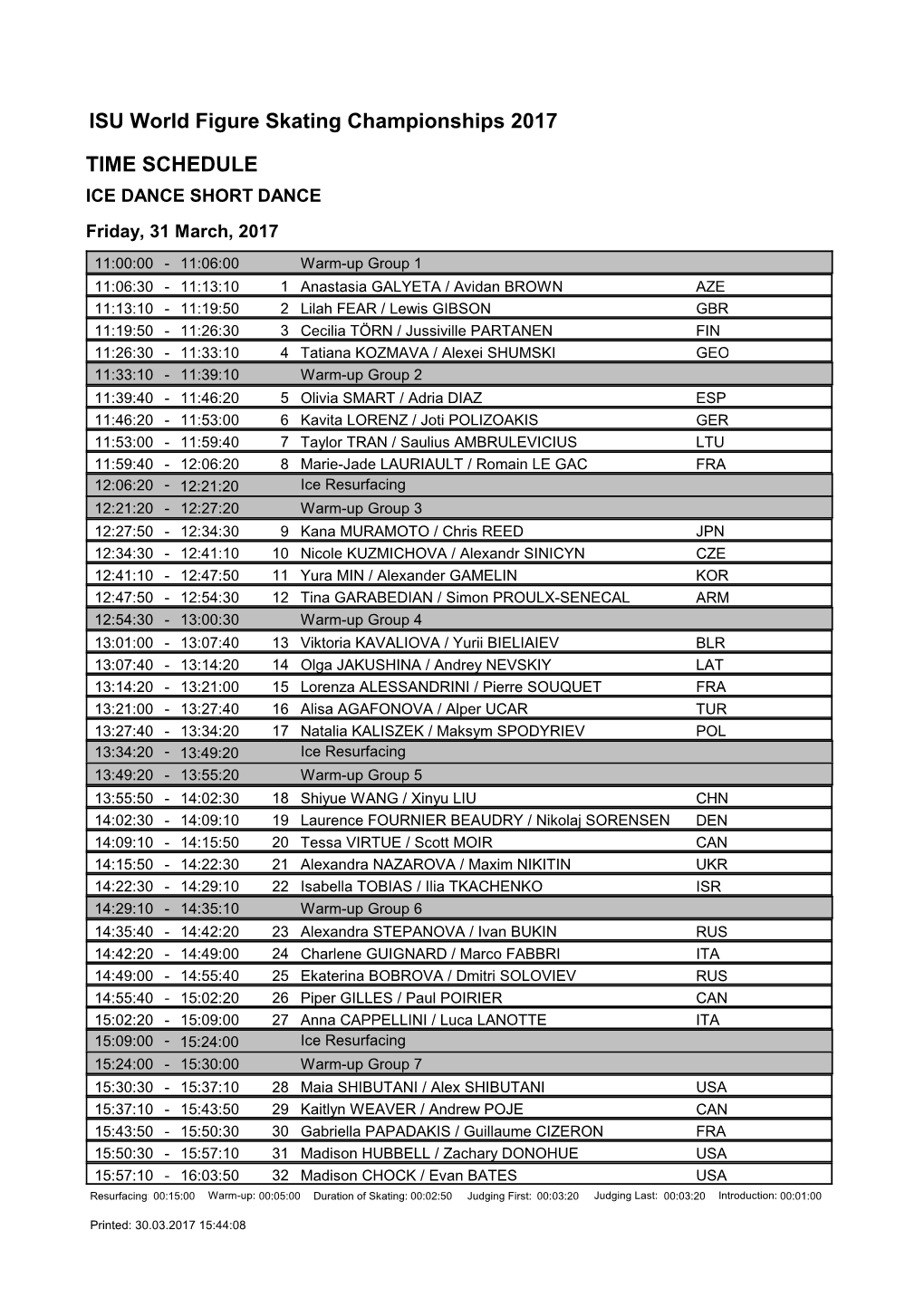 ISU World Figure Skating Championships 2017 TIME