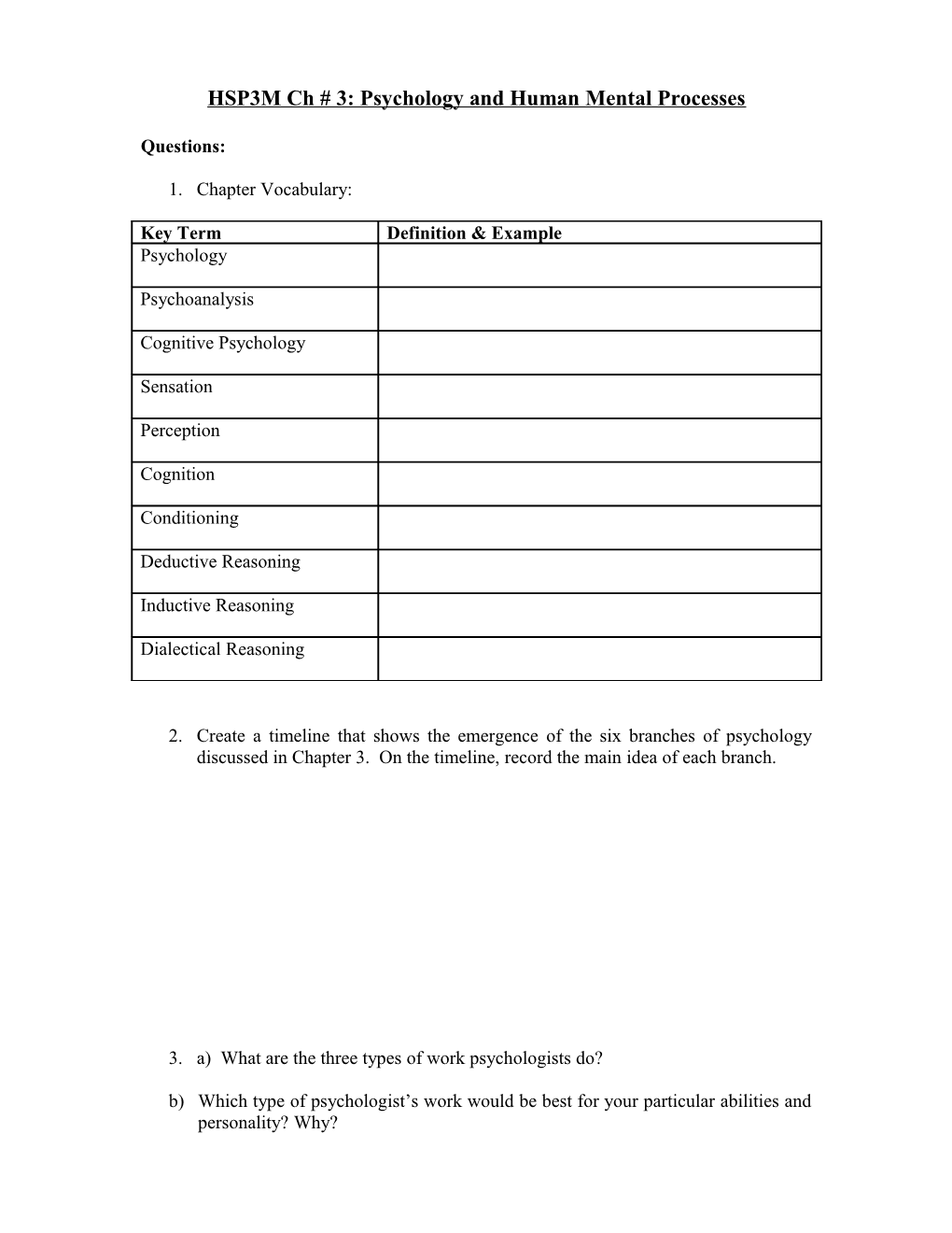 HSP3M Ch # 3: Psychology and Human Mental Processes