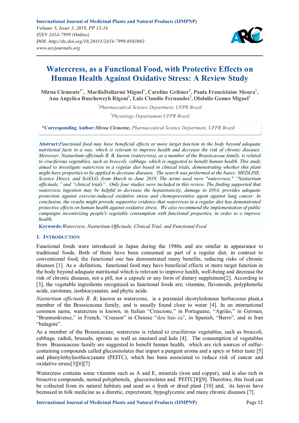 Watercress, As a Functional Food, with Protective Effects on Human Health Against Oxidative Stress: a Review Study