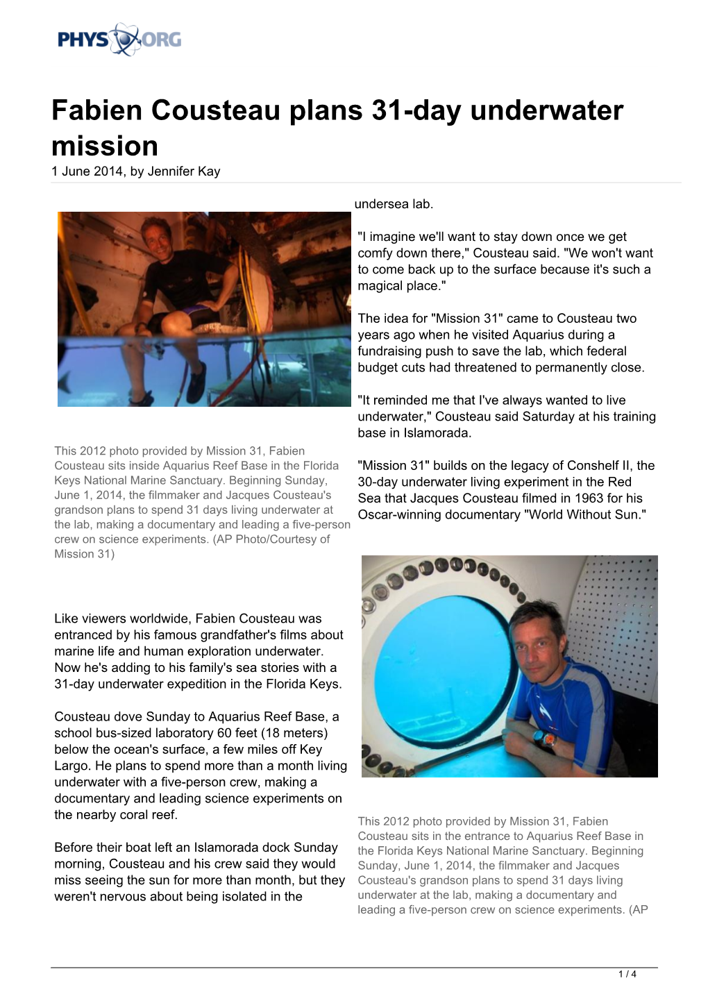 Fabien Cousteau Plans 31-Day Underwater Mission 1 June 2014, by Jennifer Kay