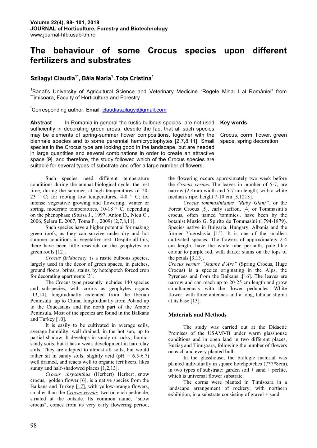 The Behaviour of Some Crocus Species Upon Different Fertilizers and Substrates