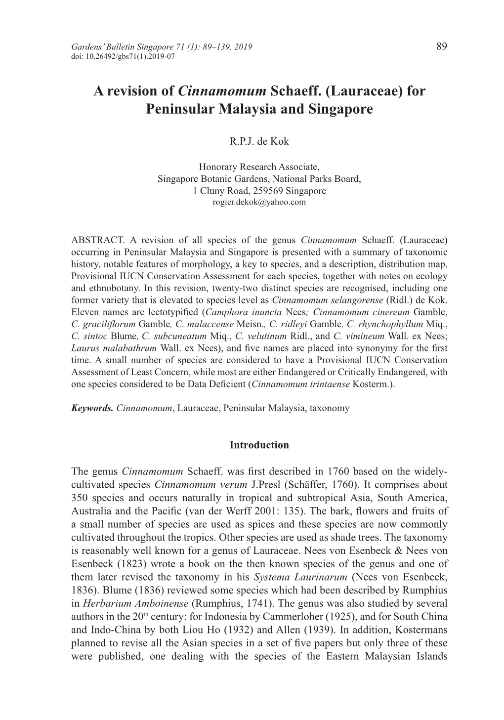 A Revision of Cinnamomum Schaeff. (Lauraceae) for Peninsular Malaysia and Singapore