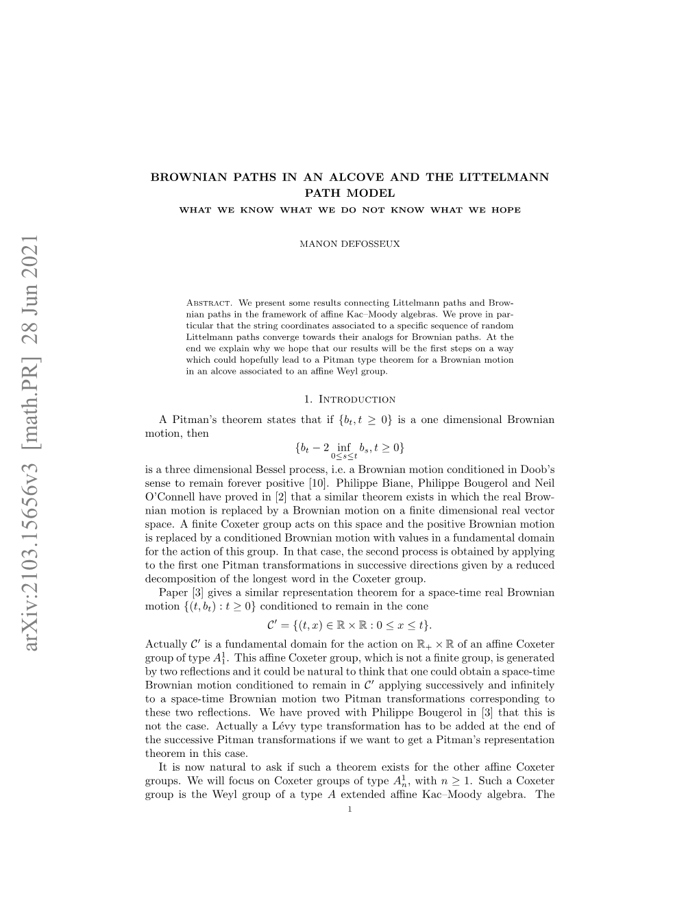 Arxiv:2103.15656V3 [Math.PR] 28 Jun 2021 R R 1 Group of Type A1