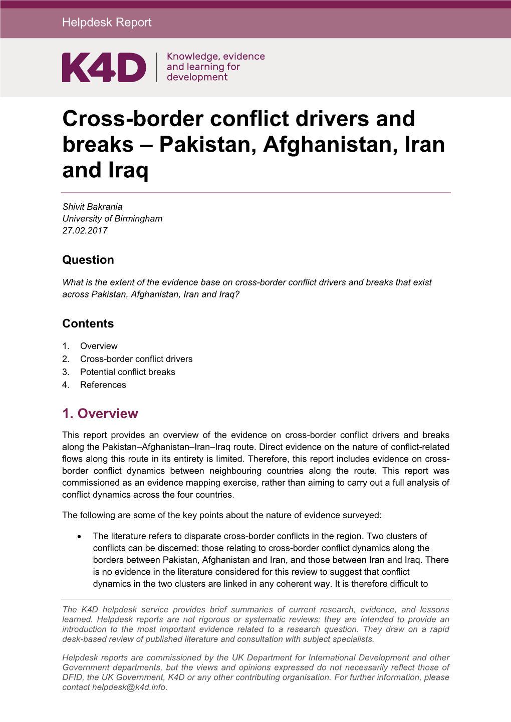 Cross-Border Conflict Drivers and Breaks – Pakistan, Afghanistan, Iran and Iraq