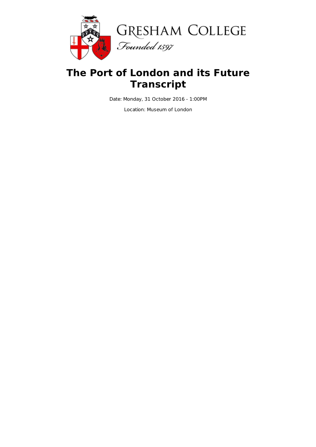 The Port of London and Its Future Transcript