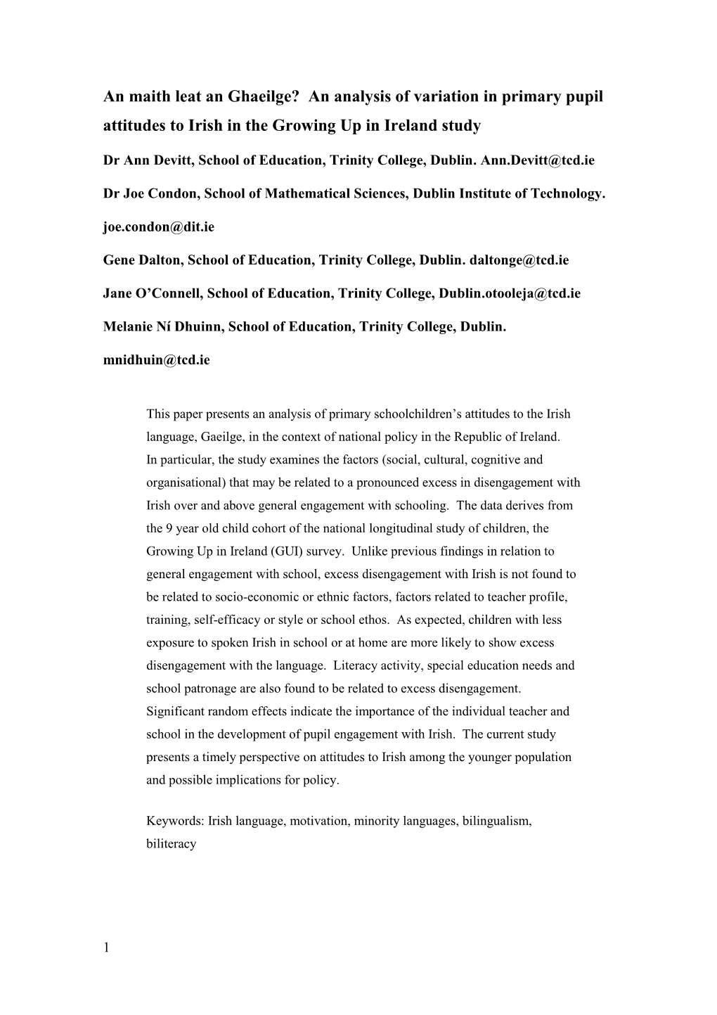 An Analysis of Variation in Primary Pupil Attitudes to Irish in the Growing up in Ireland Study