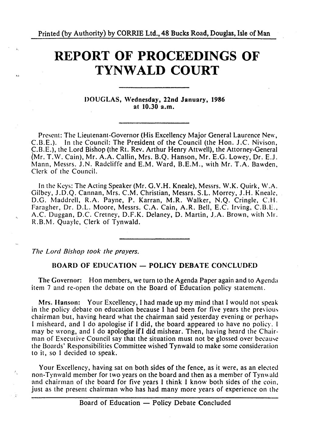 Report of Proceedings of Tynwald Court