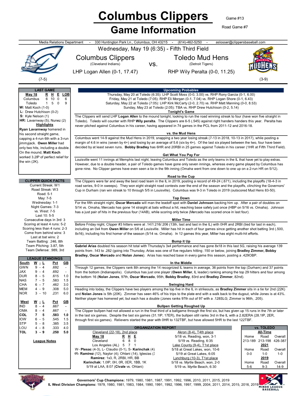Columbus Clippers Game #13 Game Information Road Game #7