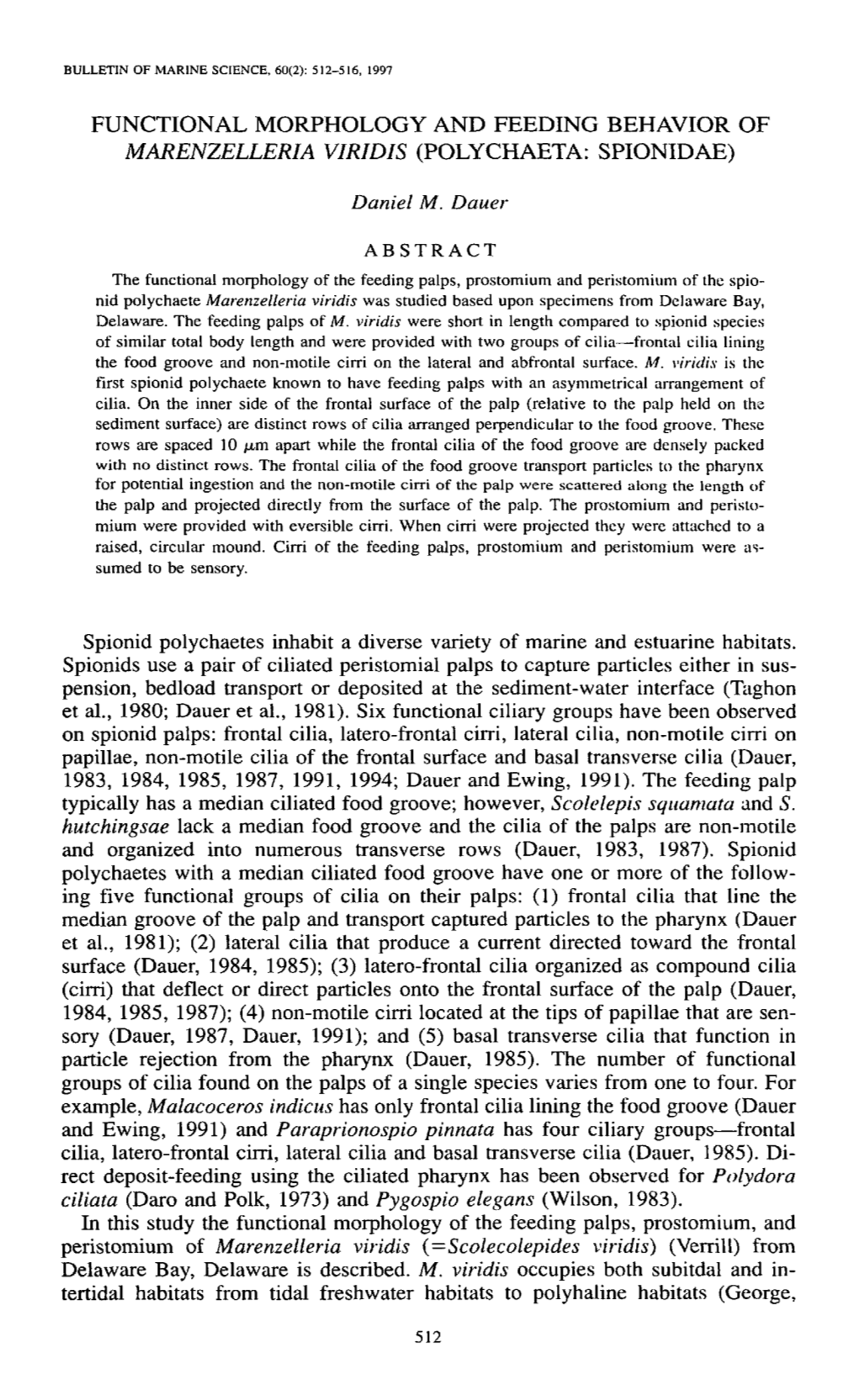 Functional Morphology and Feeding Behavior of Marenzelleria Viridis (Polychaeta: Spionidae)