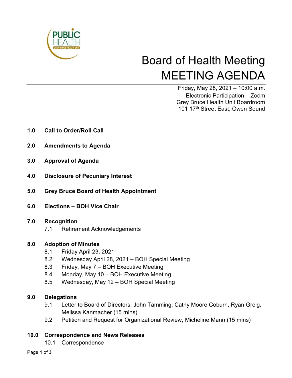 Board of Health Meeting MEETING AGENDA Friday, May 28, 2021 – 10:00 A.M