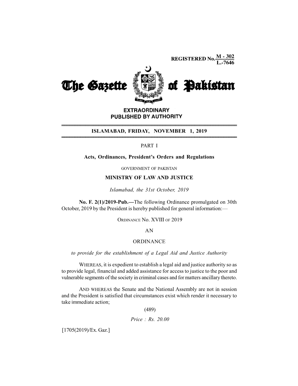 The Gazette of Pakistan, Extra., Nov. 1, 2019 489