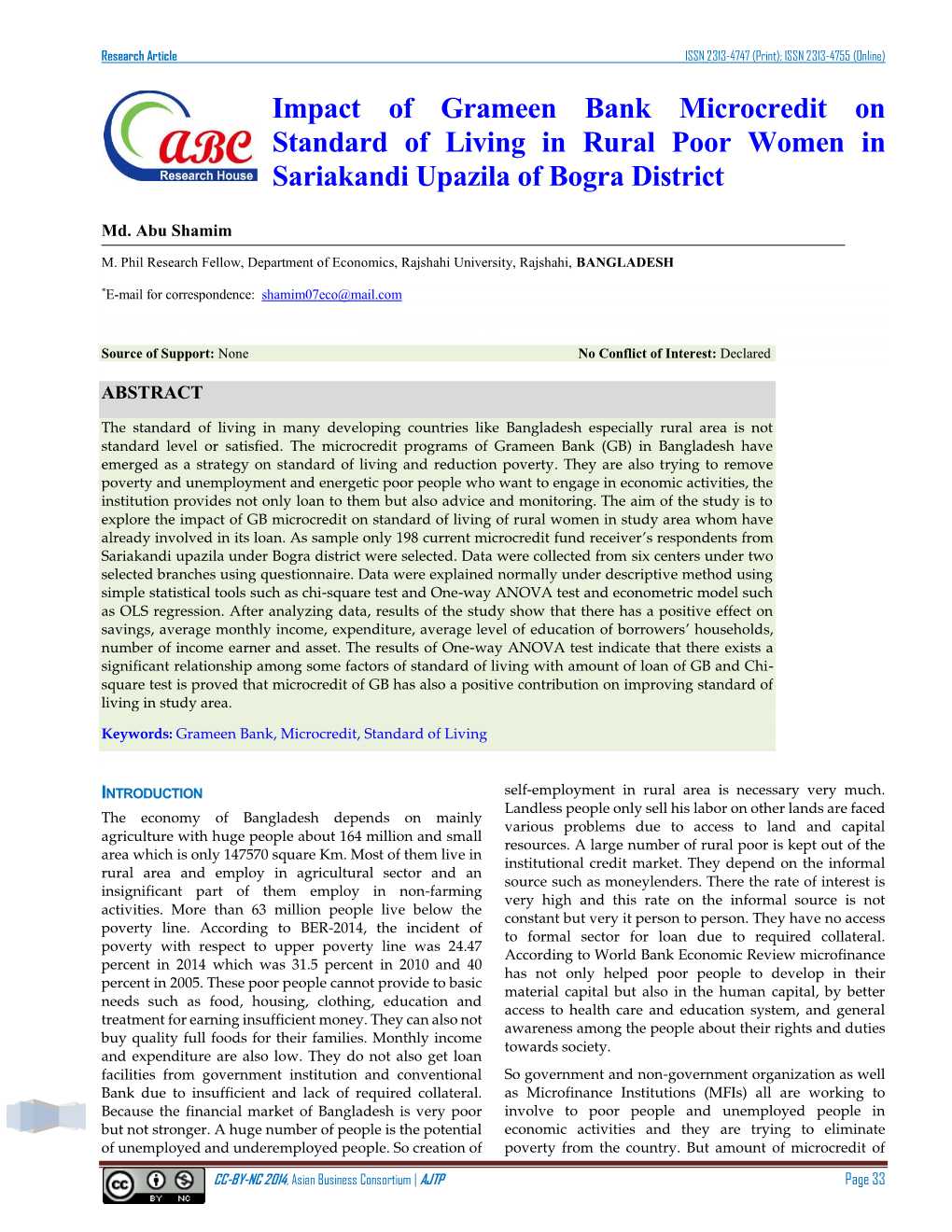 Impact of Grameen Bank Microcredit on Standard of Living in Rural Poor Women in Sariakandi Upazila of Bogra District