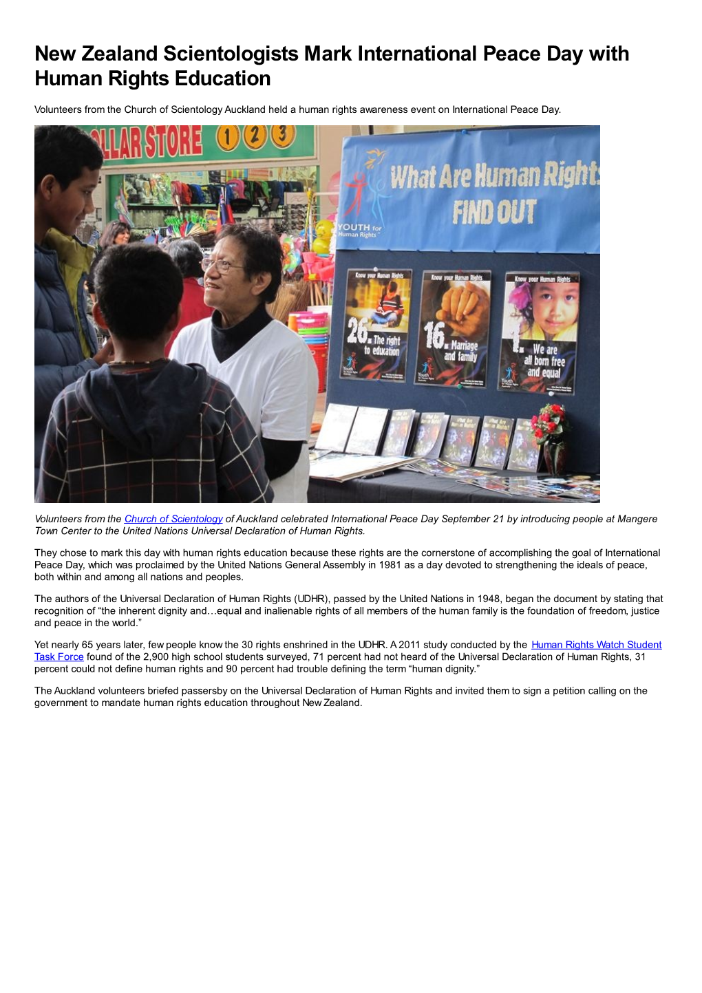 New Zealand Scientologists Mark International Peace Day with Human Rights Education