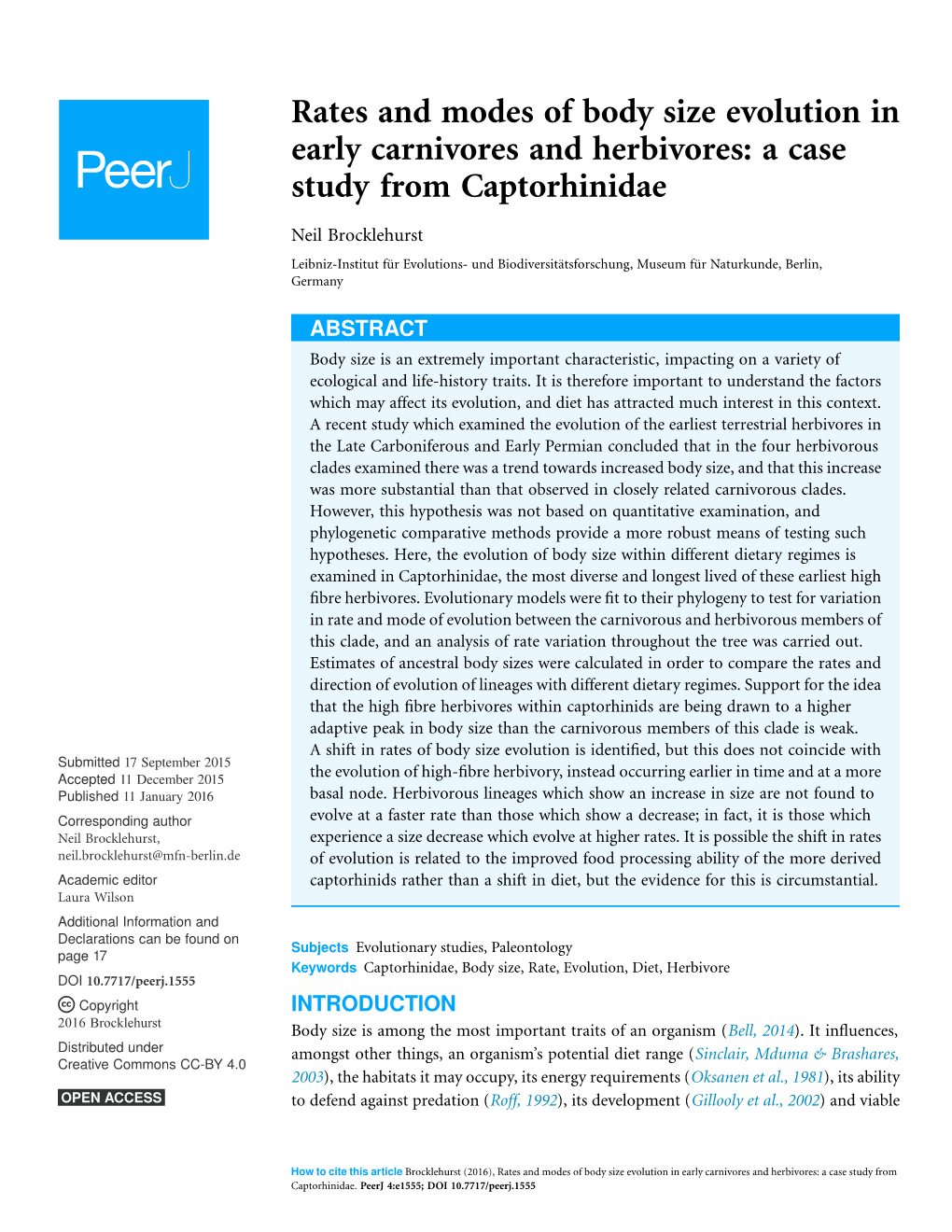 Rates and Modes of Body Size Evolution in Early Carnivores and Herbivores: a Case Study from Captorhinidae