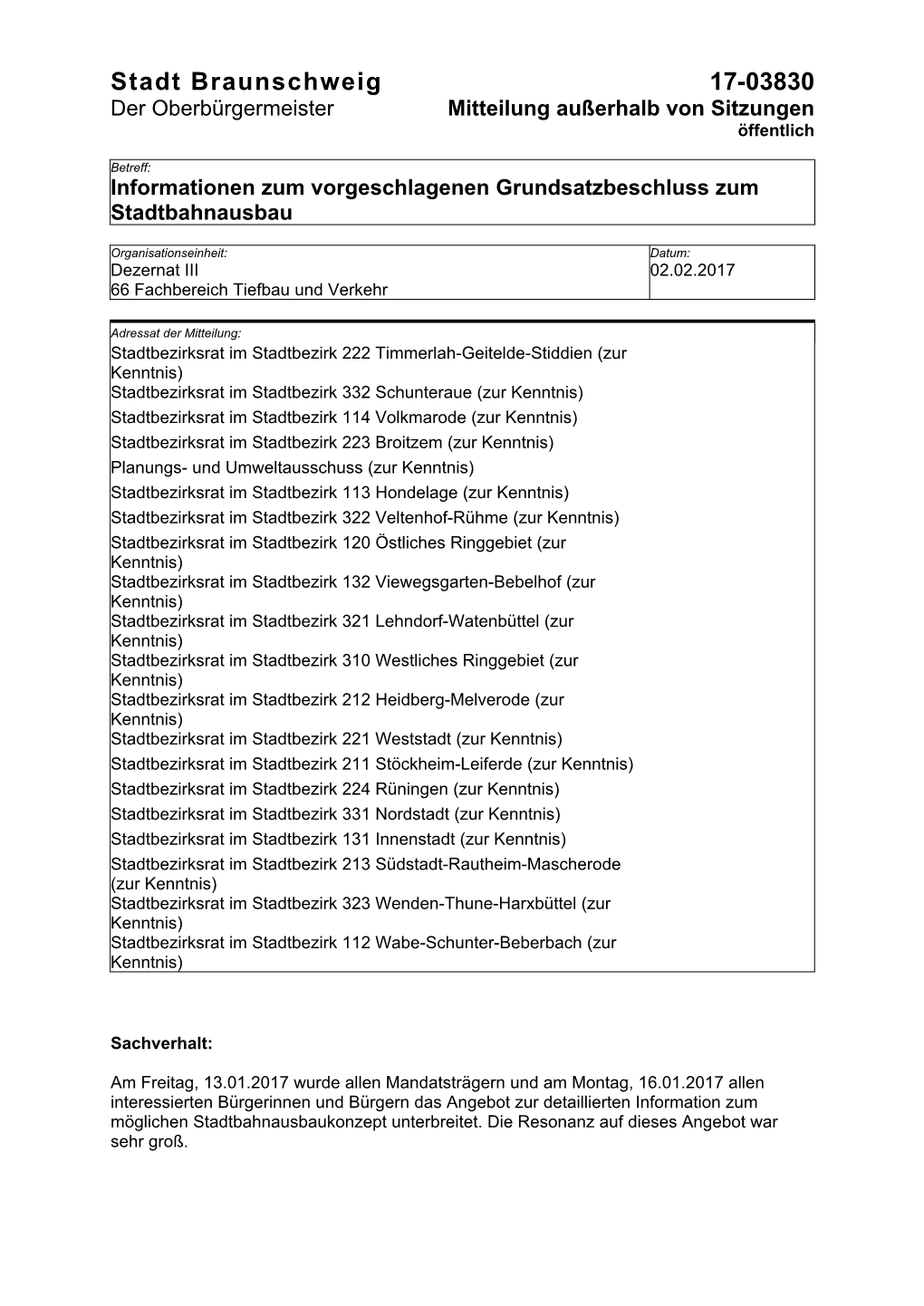 Stadt Braunschweig 17-03830 Der Oberbürgermeister Mitteilung Außerhalb Von Sitzungen Öffentlich