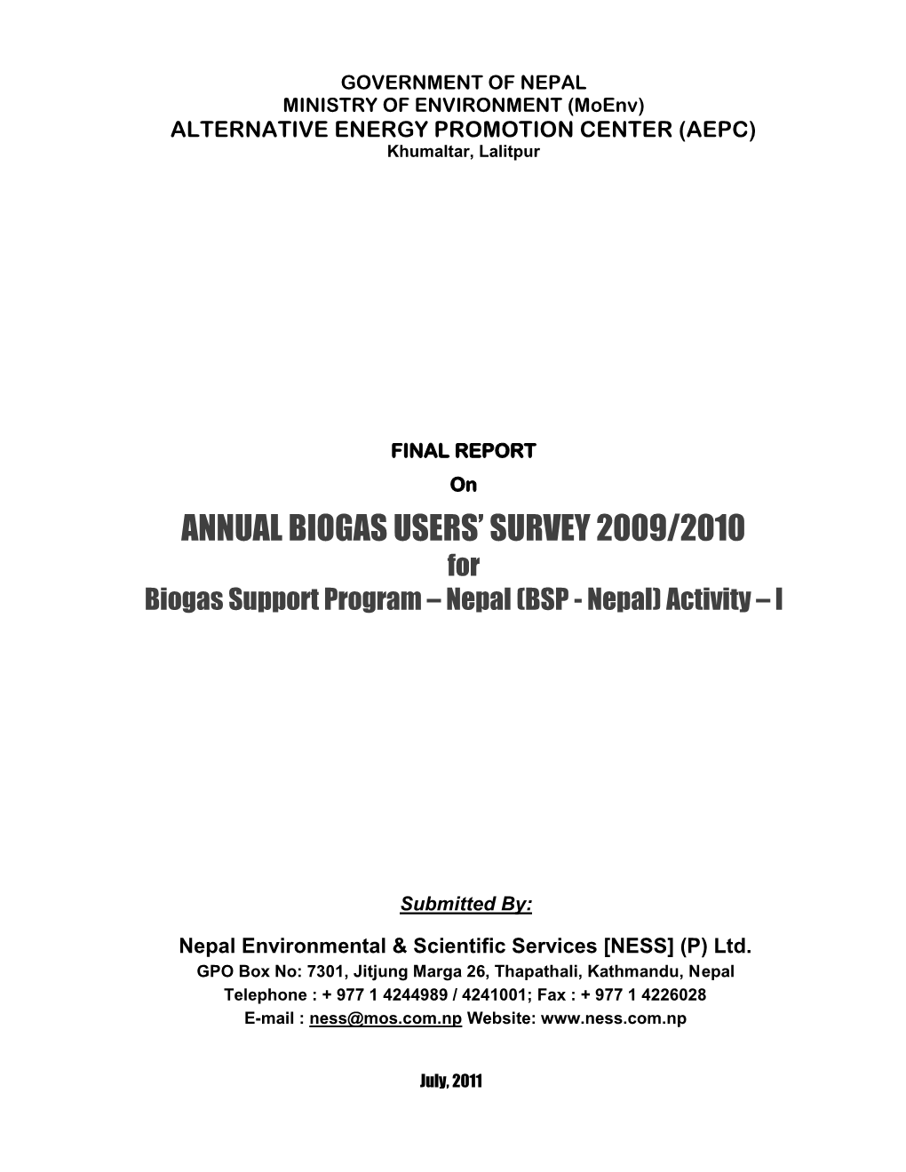 Biogas User Survey, Nepal 2009-2010