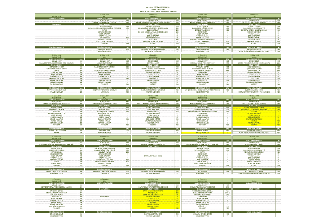 İlkokul-Ortaokul Ekim 2019 Menü
