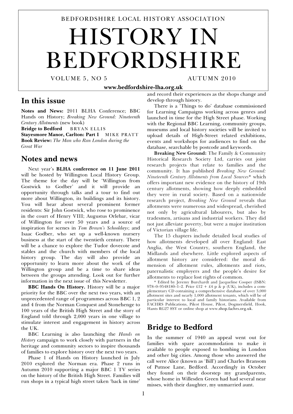 History in Bedfordshire Volume 5, No 5 Autumn 2010