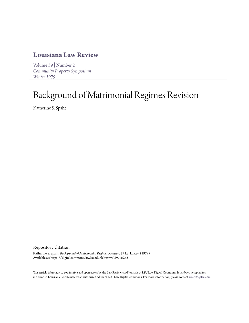 Background of Matrimonial Regimes Revision Katherine S