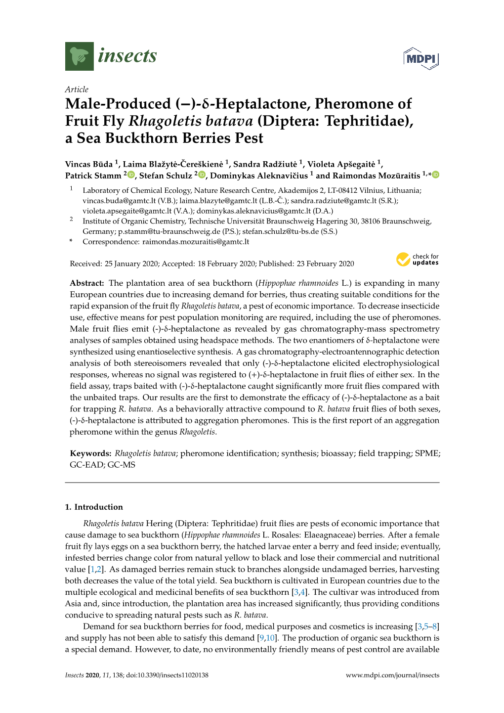 Male-Produced (−)-Δ-Heptalactone, Pheromone of Fruit Fly Rhagoletis Batava (Diptera: Tephritidae), a Sea Buckthorn Berries Pest