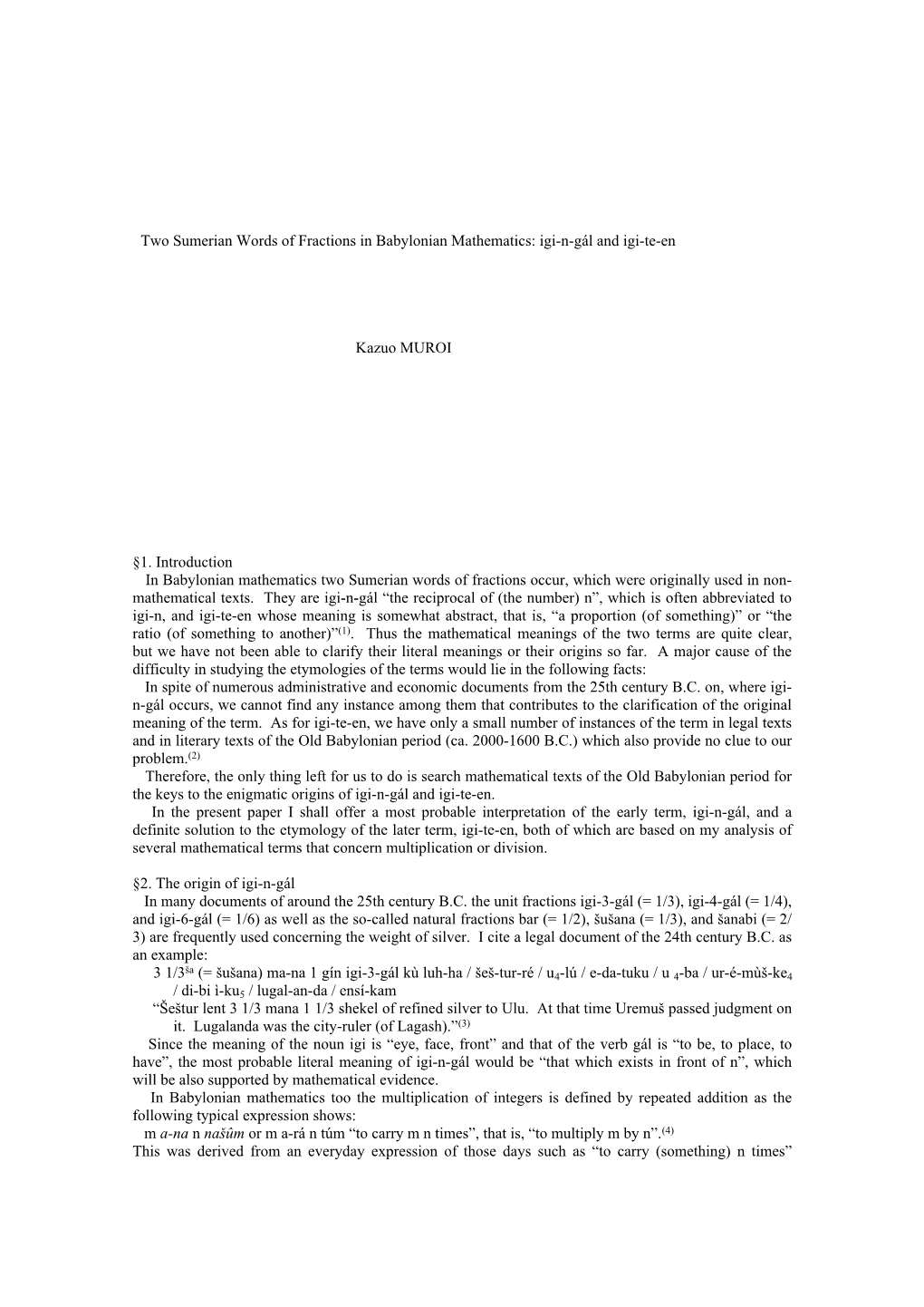 Two Sumerian Words of Fractions in Babylonian Mathematics: Igi-N-Gál and Igi-Te-En