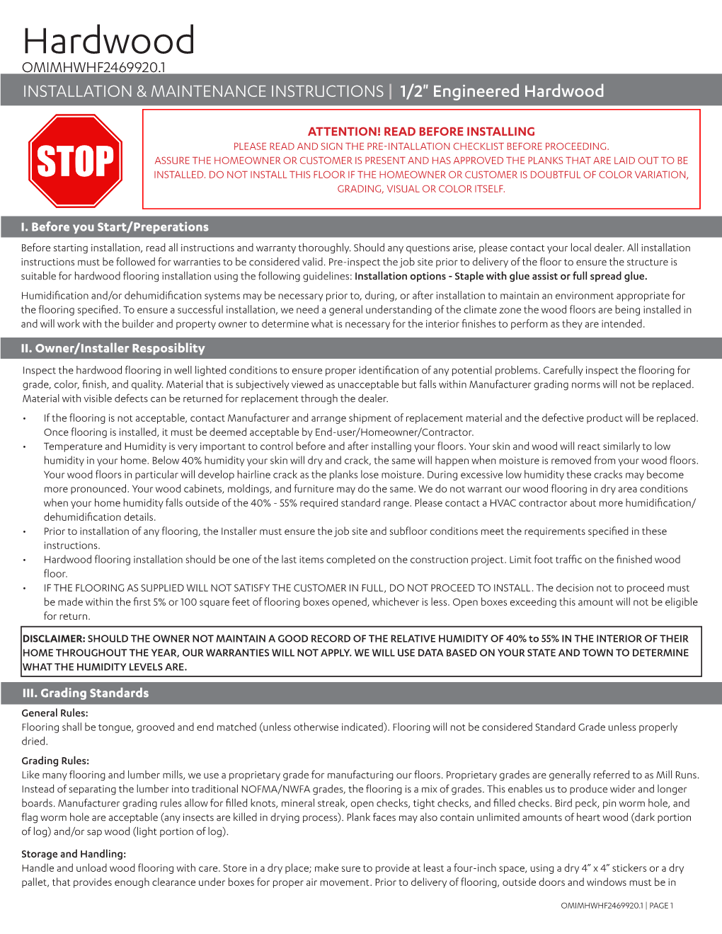 Hardwood OMIMHWHF2469920.1 INSTALLATION & MAINTENANCE INSTRUCTIONS | 1/2