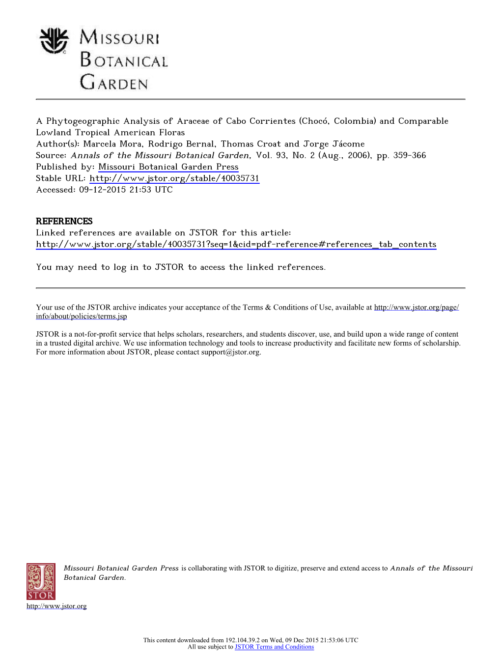 A Phytogeographic Analysis of Araceae of Cabo Corrientes