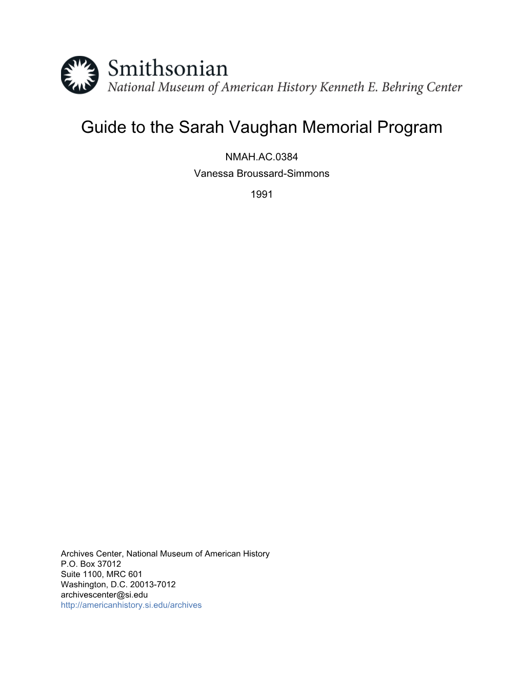 Guide to the Sarah Vaughan Memorial Program