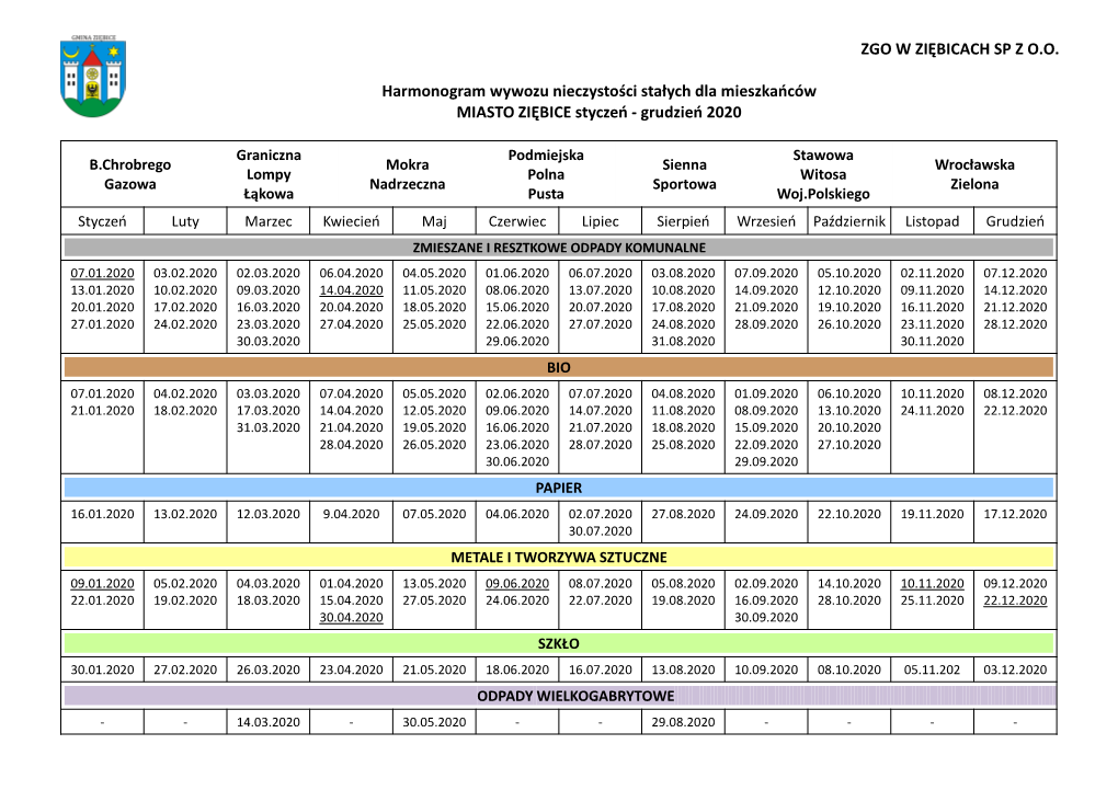 ZGO W ZIĘBICACH SP Z O.O. Harmonogram Wywozu Nieczystości Stałych Dla Mieszkańców GMINA ZIĘBICE Styczeń - Grudzień 2020