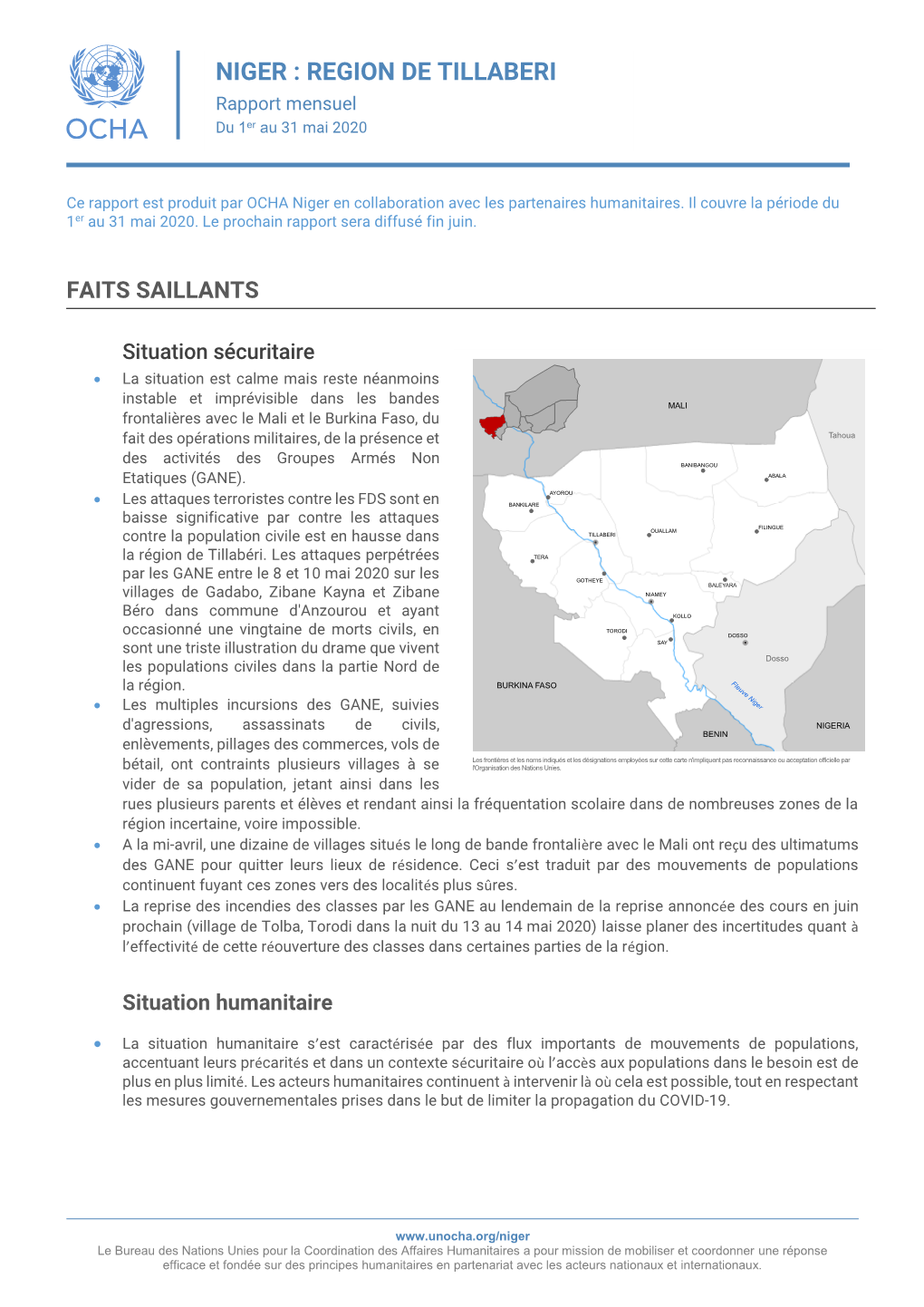 NIGER : REGION DE TILLABERI Rapport Mensuel Er Du 1 Au 31 Mai 2020