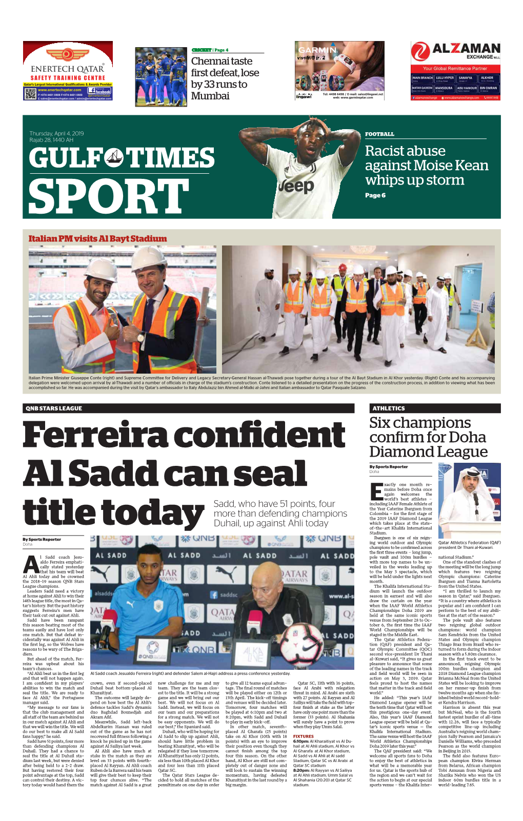 FOOTBALL Rajab 28, 1440 AH Racist Abuse GULF TIMES Against Moise Kean Whips up Storm SPORT Page 6