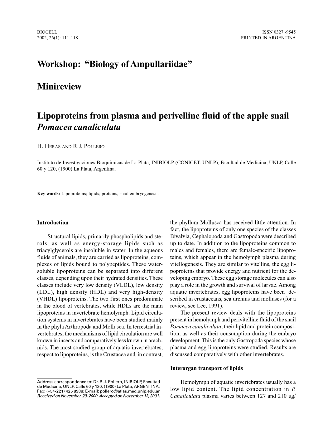 Lipoproteins from Plasma and Perivelline Fluid of the Apple Snail Pomacea Canaliculata Workshop