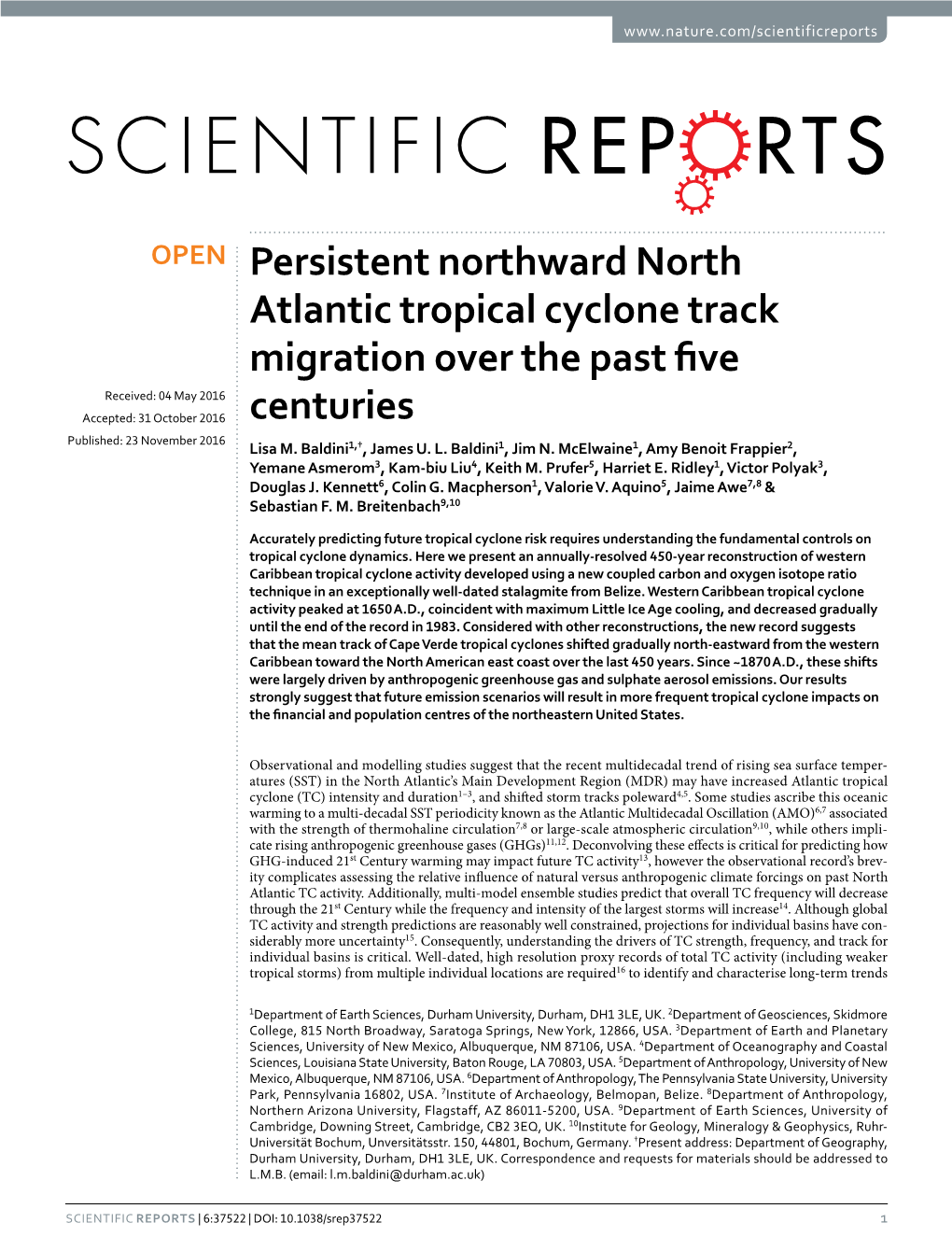 Persistent Northward North Atlantic Tropical Cyclone Track Migration Over