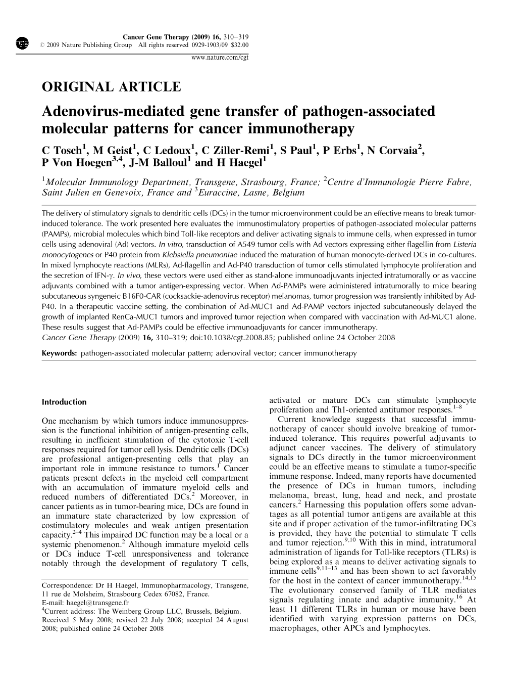 Adenovirus-Mediated Gene Transfer of Pathogen-Associated Molecular