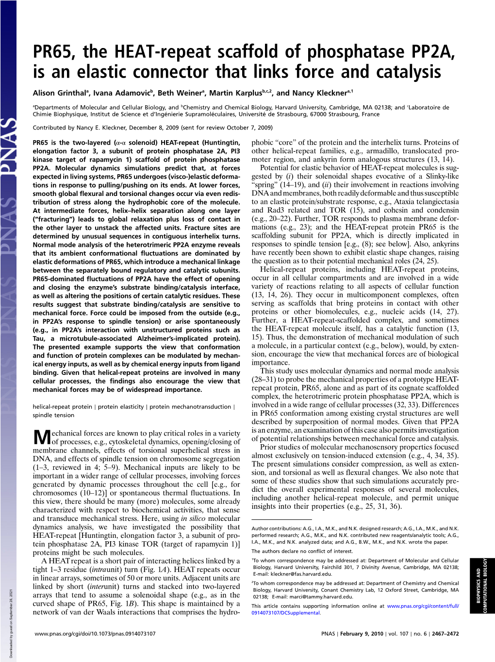 PR65, the HEAT-Repeat Scaffold of Phosphatase PP2A, Is an Elastic Connector That Links Force and Catalysis