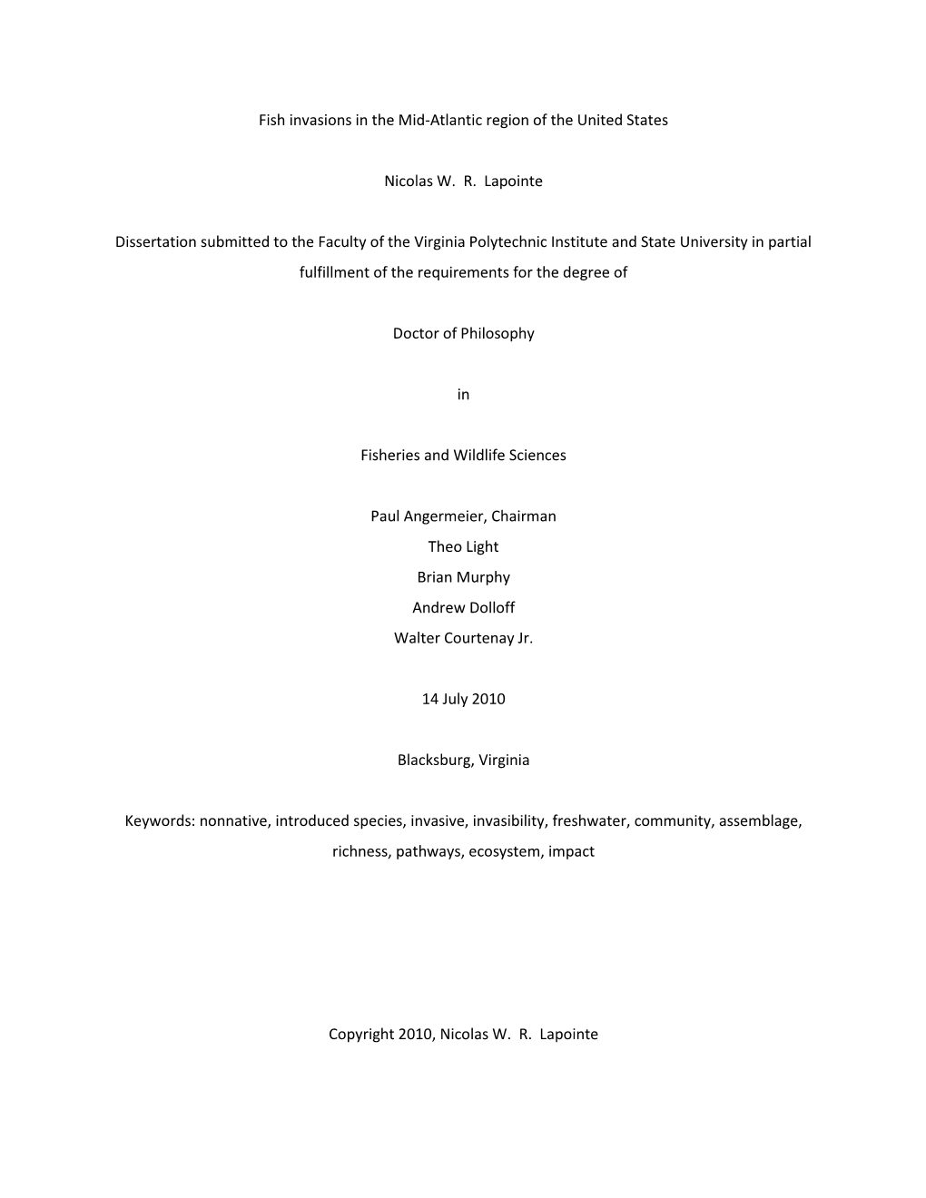 Fish Invasions in the Mid-Atlantic Region of the United States Nicolas