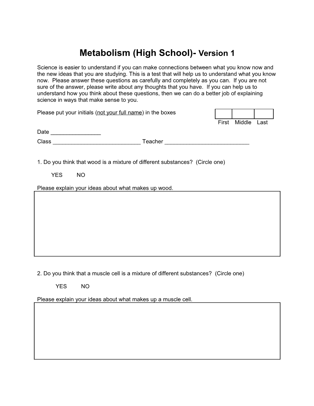 Metabolism Pre-Test (High School)- Version 1