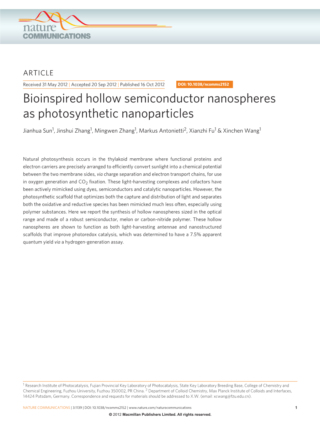Bioinspired Hollow Semiconductor Nanospheres As Photosynthetic Nanoparticles