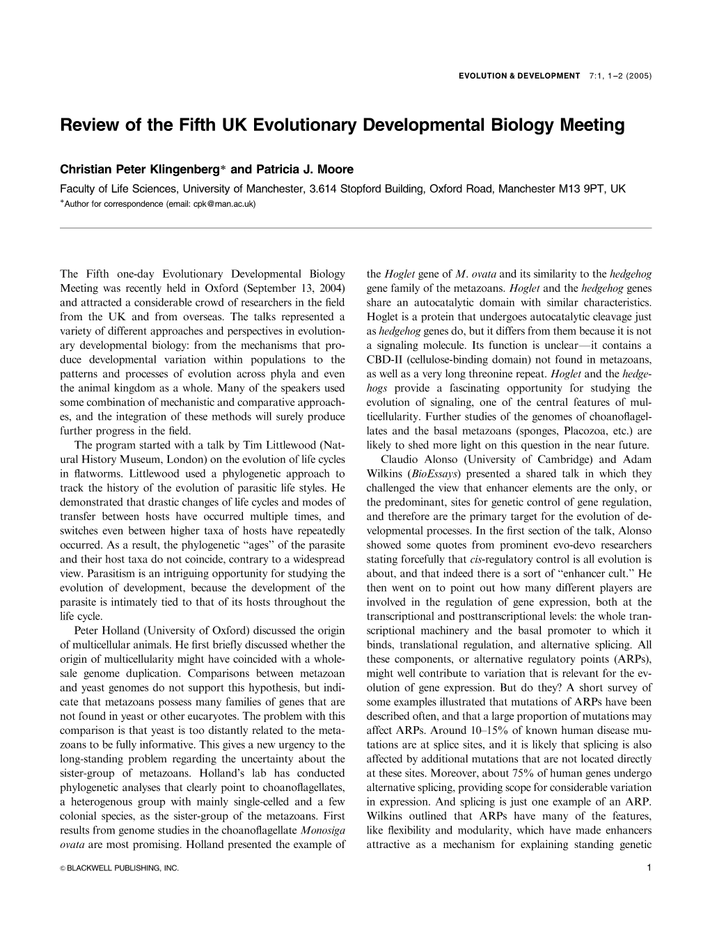 Review of the Fifth UK Evolutionary Developmental Biology Meeting