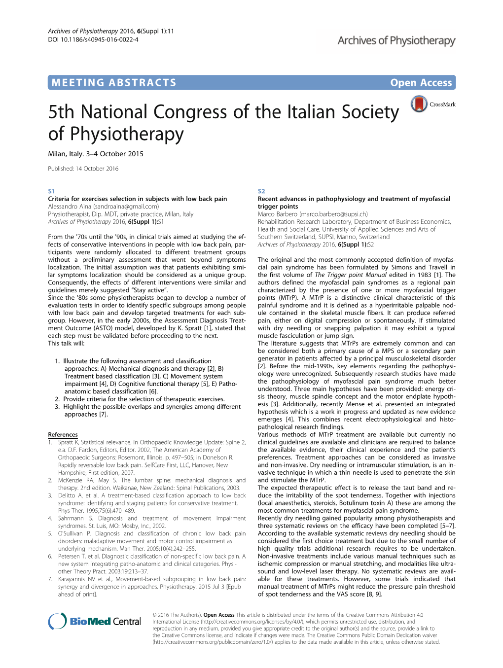 5Th National Congress of the Italian Society of Physiotherapy Milan, Italy